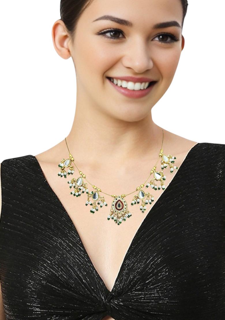 Gold Plated Kundan Beaded String Necklace Set