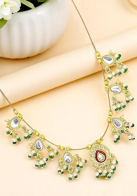 Gold Plated Kundan Beaded String Necklace Set