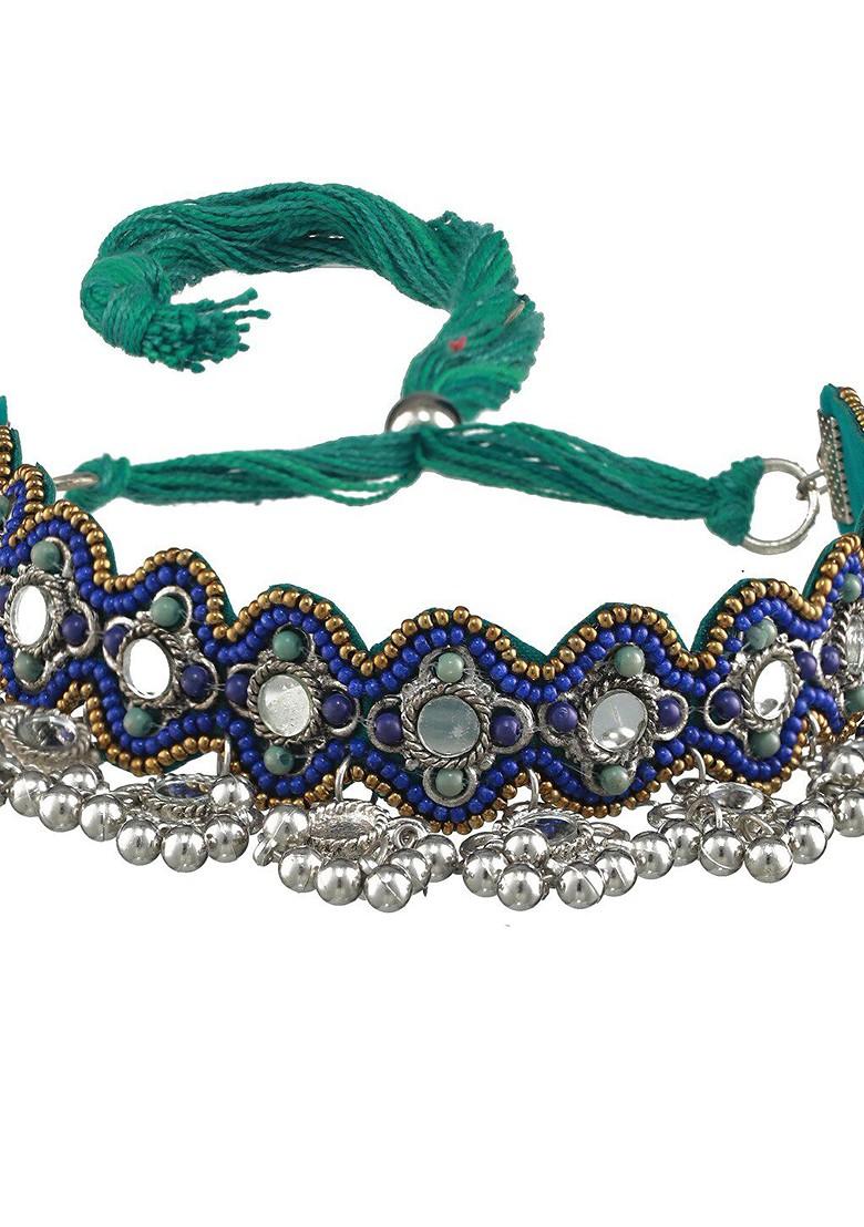 Blue And Silver Toned Silver Plated Choker Necklace