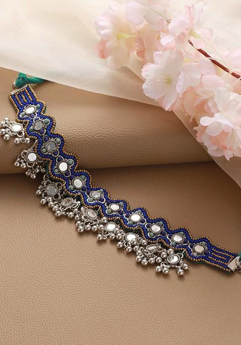 Blue And Silver Toned Silver Plated Choker Necklace
