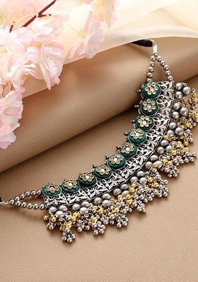 Green And Silver Toned German Silver Silver Plated Oxidised Necklace