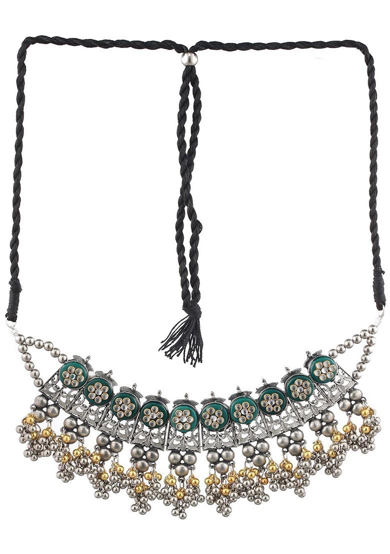 Green And Silver Toned German Silver Silver Plated Oxidised Necklace