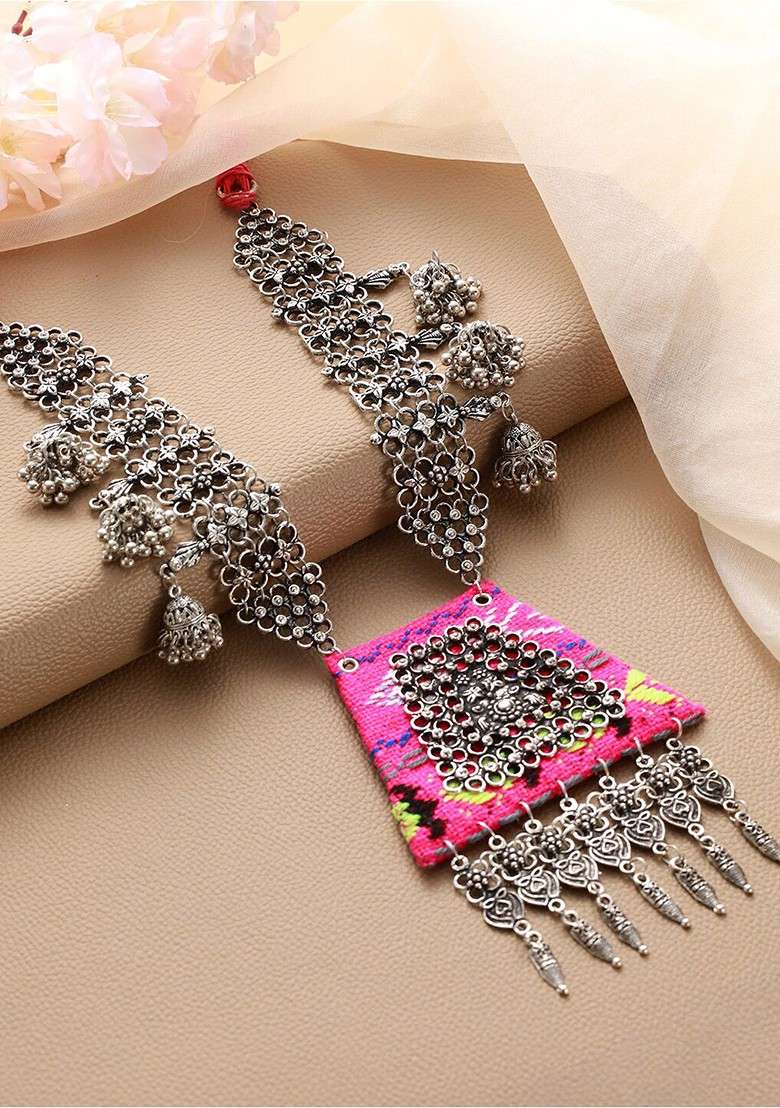 German Silver Silver Plated Oxidised Necklace - Indya