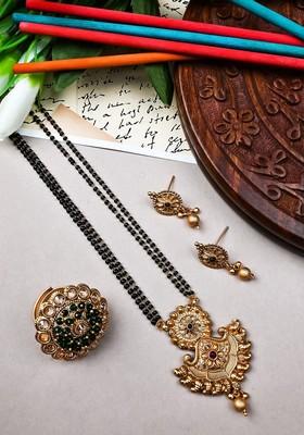 Gold Plated Artificial Stones And Beads Mangalsutra With Earrings And Ring