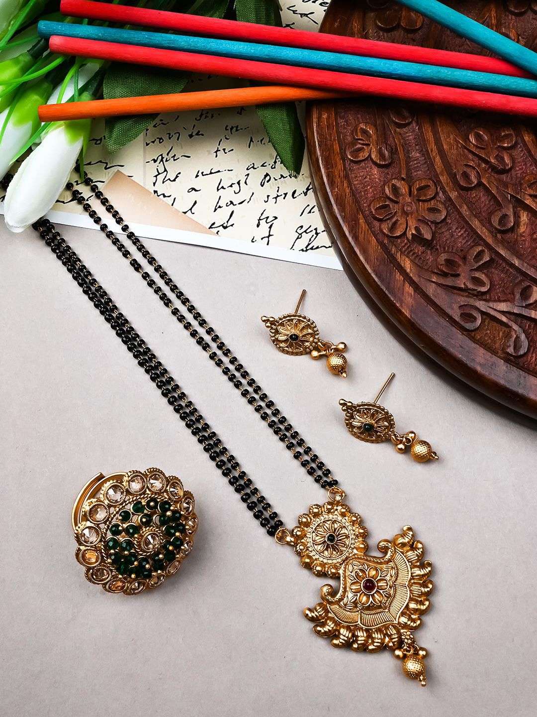 Gold Plated Artificial Stones And Beads Mangalsutra With Earrings And Ring - Indya