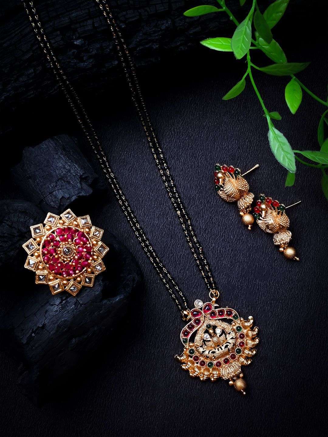 Gold Plated Artificial Stones And Beads Mangalsutra With Earrings And Ring - Indya
