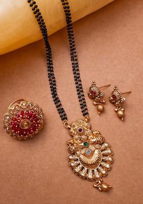 Gold Plated Artificial Stones And Beads Mangalsutra With Earrings And Ring