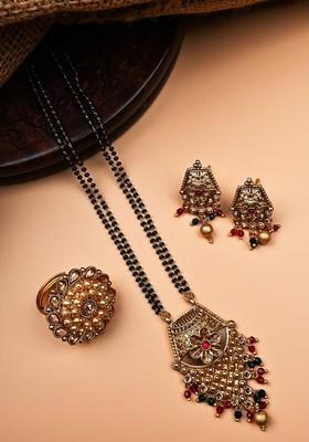 Gold Plated Artificial Stones And Beads Mangalsutra With Earrings And Ring