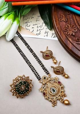 Gold Plated Artificial Stones And Beads Mangalsutra With Earrings And Ring
