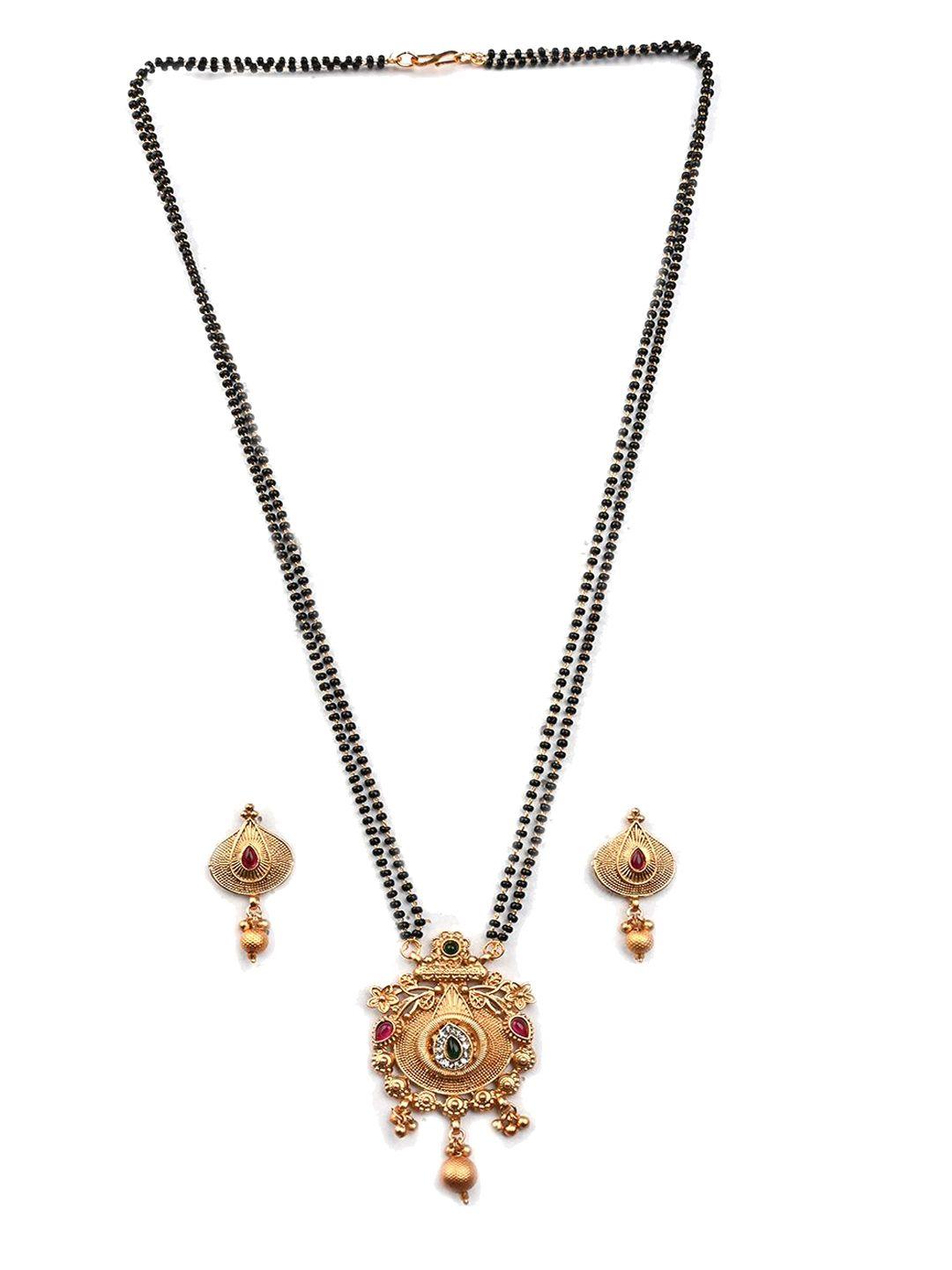Gold Plated Artificial Stones And Beads Mangalsutra With Earrings And Ring