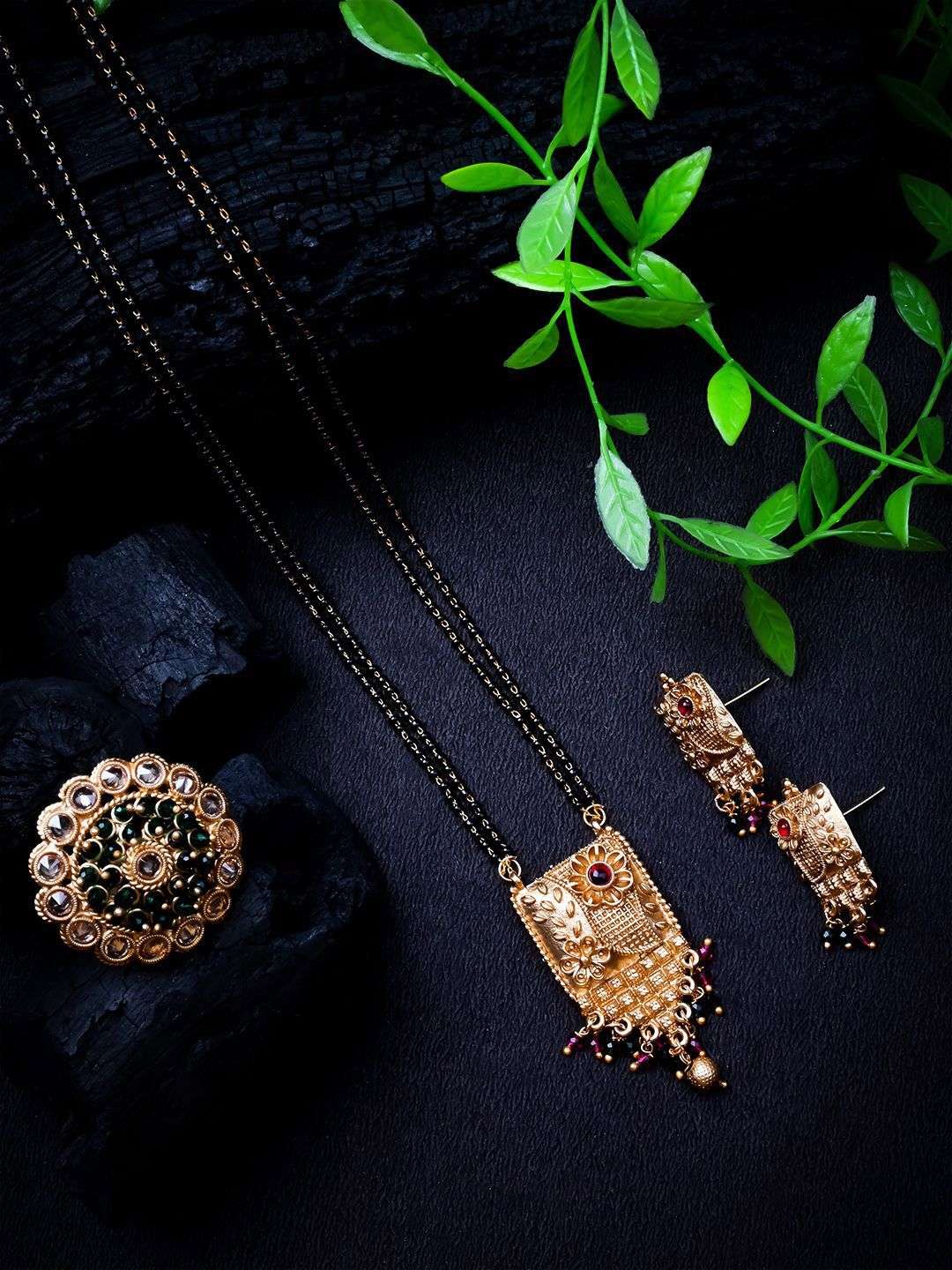 Gold Plated Artificial Stones And Beads Mangalsutra With Earrings And Ring - Indya
