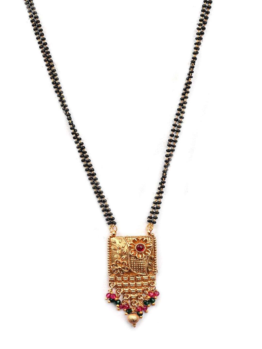 Gold Plated Artificial Stones And Beads Mangalsutra With Earrings And Ring - Indya