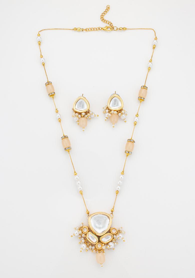 Light Yellow Gold Plated Artificial Beads And Kundan Chain Necklace