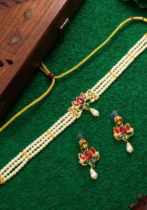 Red Gold Plated Artificial Beads Choker Necklace