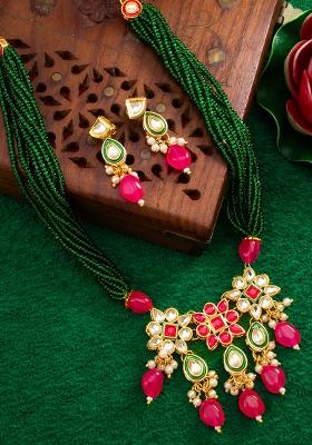 Green And Pink Gold Plated Artificial Beads And Kundan Long Necklace