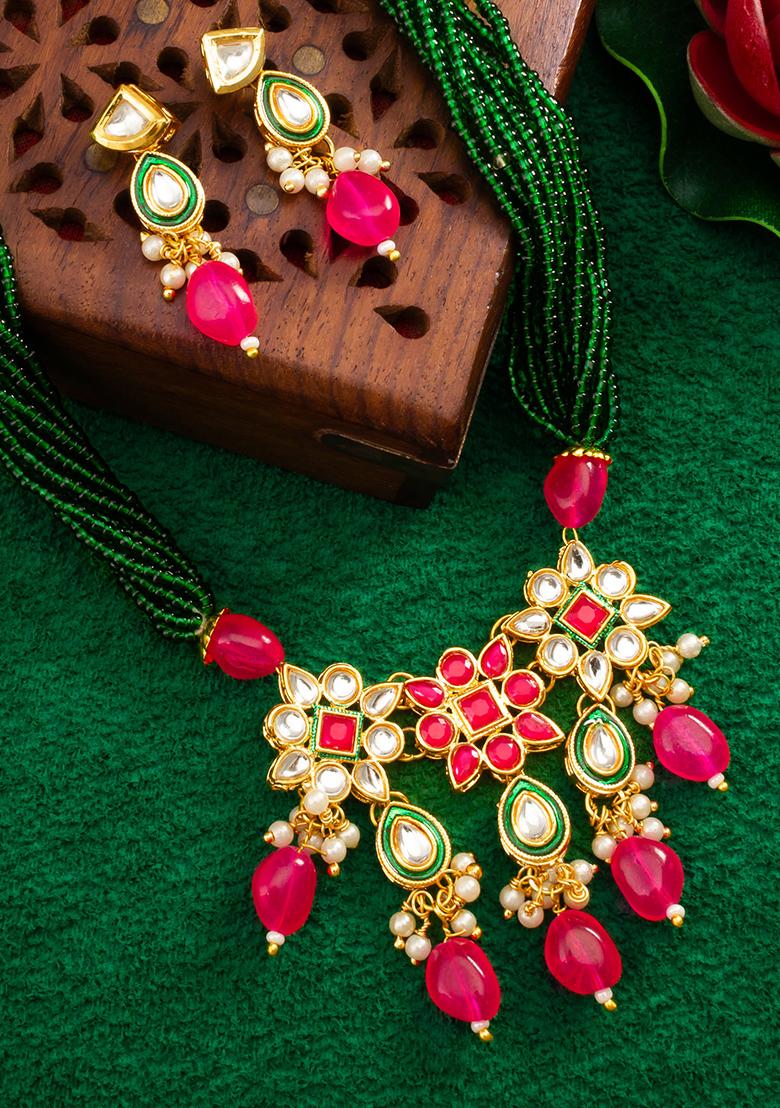 Green And Pink Gold Plated Artificial Beads And Kundan Long Necklace