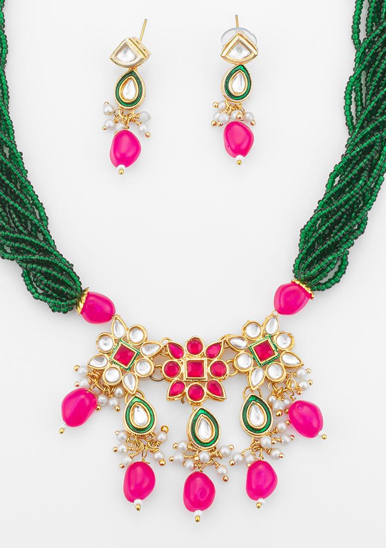 Green And Pink Gold Plated Artificial Beads And Kundan Long Necklace