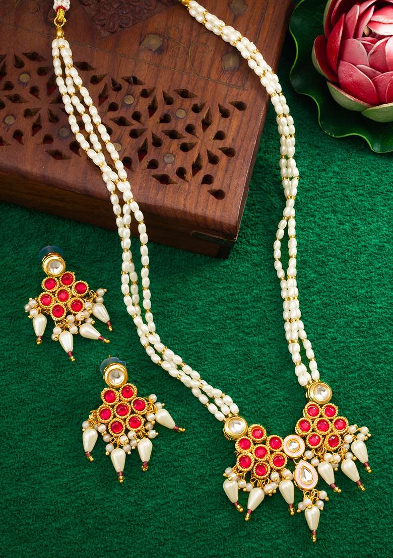 Red And White Gold Plated Artificial Beads Long Necklace - Indya