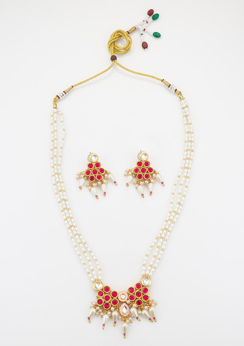 Red And White Gold Plated Artificial Beads Long Necklace