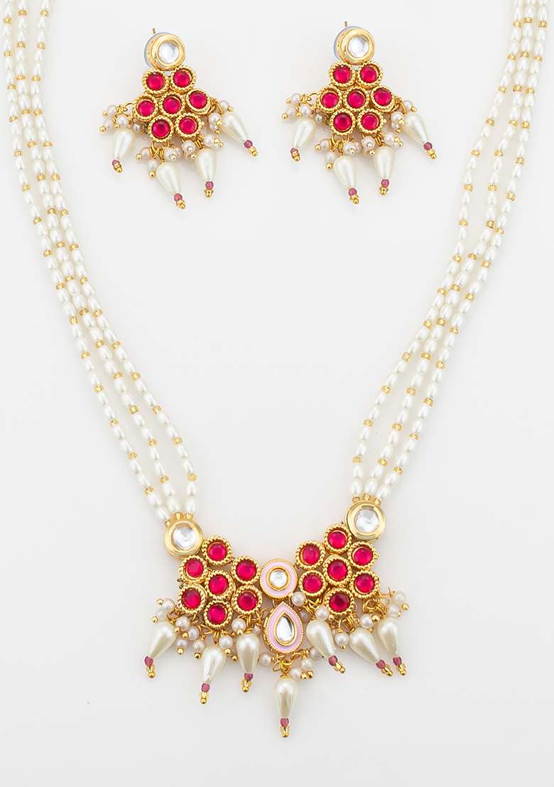 Red And White Gold Plated Artificial Beads Long Necklace - Indya