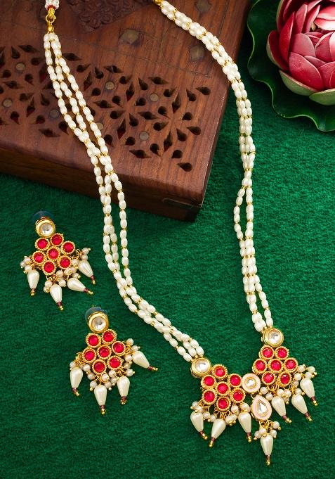 Red And White Gold Plated Artificial Beads Long Necklace