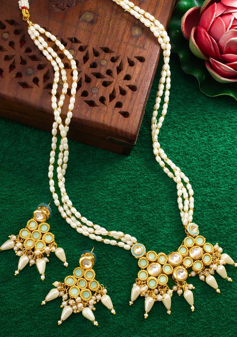 Mint Green Gold Plated Artificial Beads Long Necklace - Indya