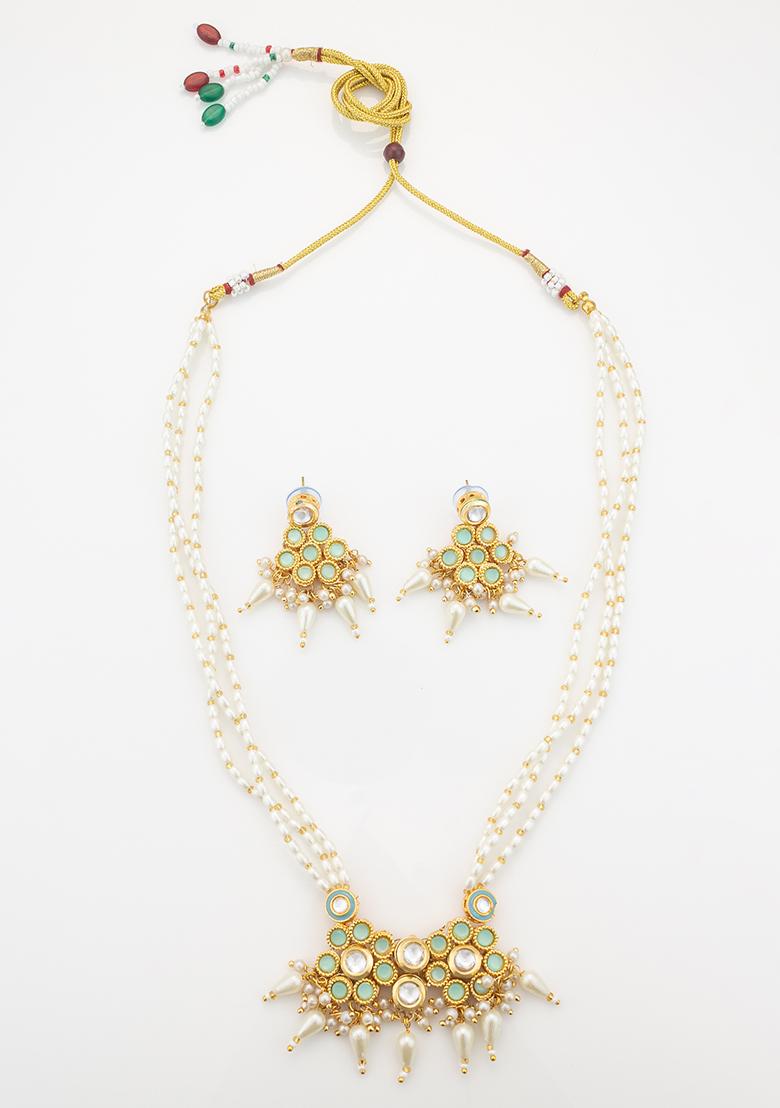 Mint Green Gold Plated Artificial Beads Long Necklace