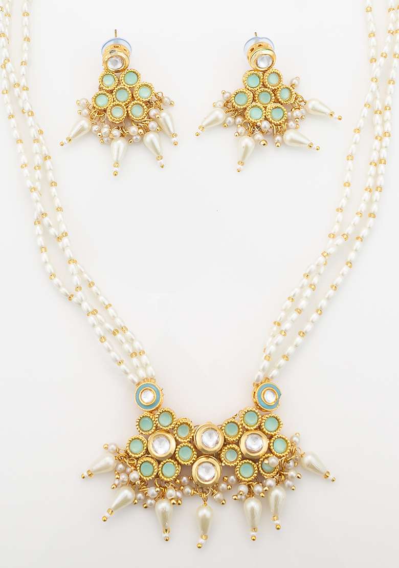Mint Green Gold Plated Artificial Beads Long Necklace - Indya