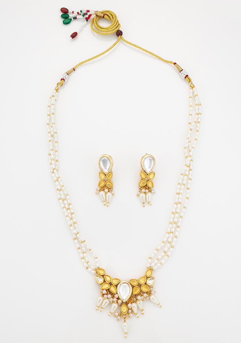 Yellow Gold Plated Artificial Beads Long Necklace