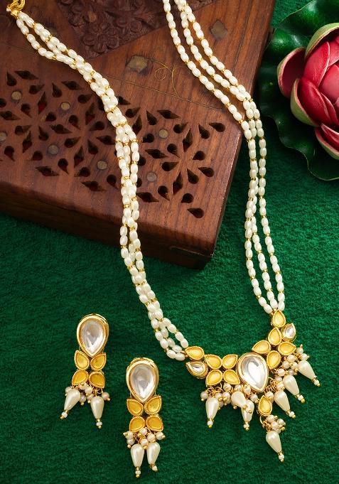 Yellow Gold Plated Artificial Beads Long Necklace