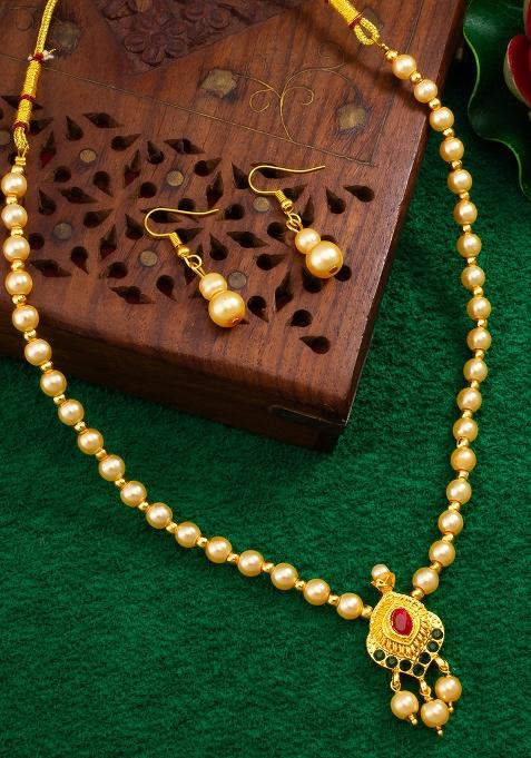 Golden Alloy Artificial Pearl Long Necklace