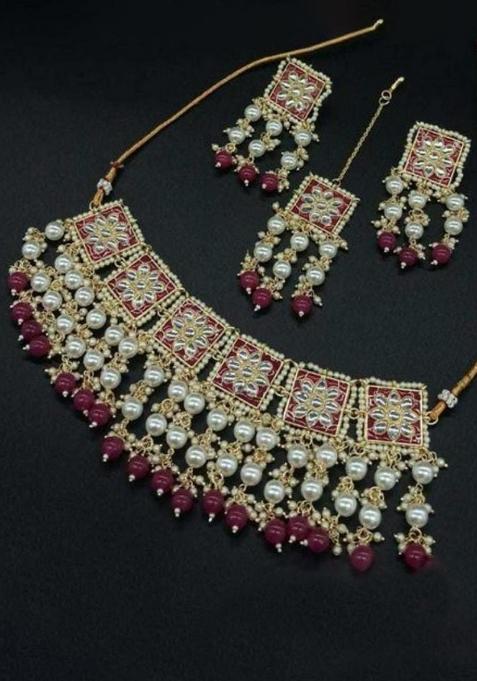 Pink Meenakari Kundan Necklace Set With Maang Tikka