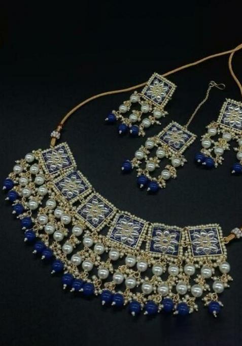 Blue Meenakari Kundan Necklace Set With Maang Tikka