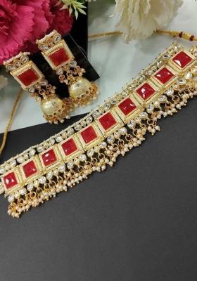 Red Kundan Stone Choker Necklace Set