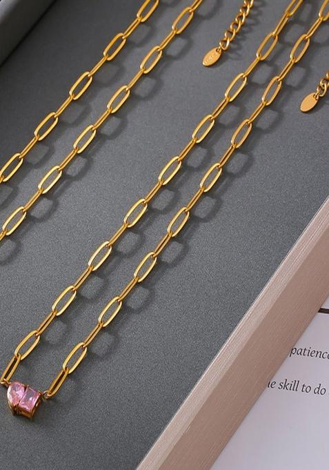 18K Gold Plated Waterproof Anti Tarnish Pink Zircon Paperclip Chain Necklace