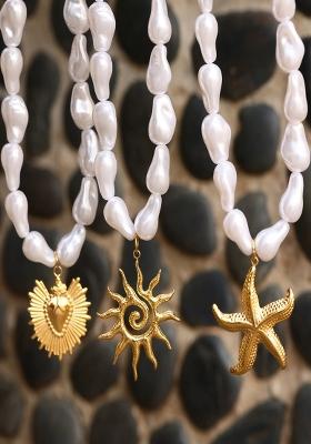 18K Gold Plated Waterproof Anti Tarnish Baroque Pearl Sun Pendant Necklace