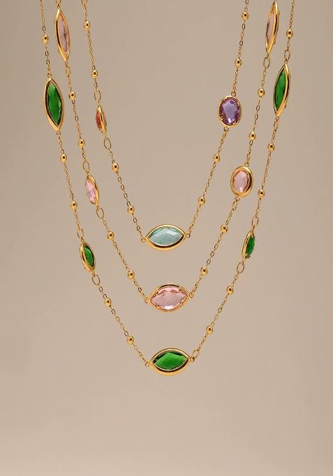 18K Gold Plated Anti Tarnish Multicolor Glass Stone Chain Necklace