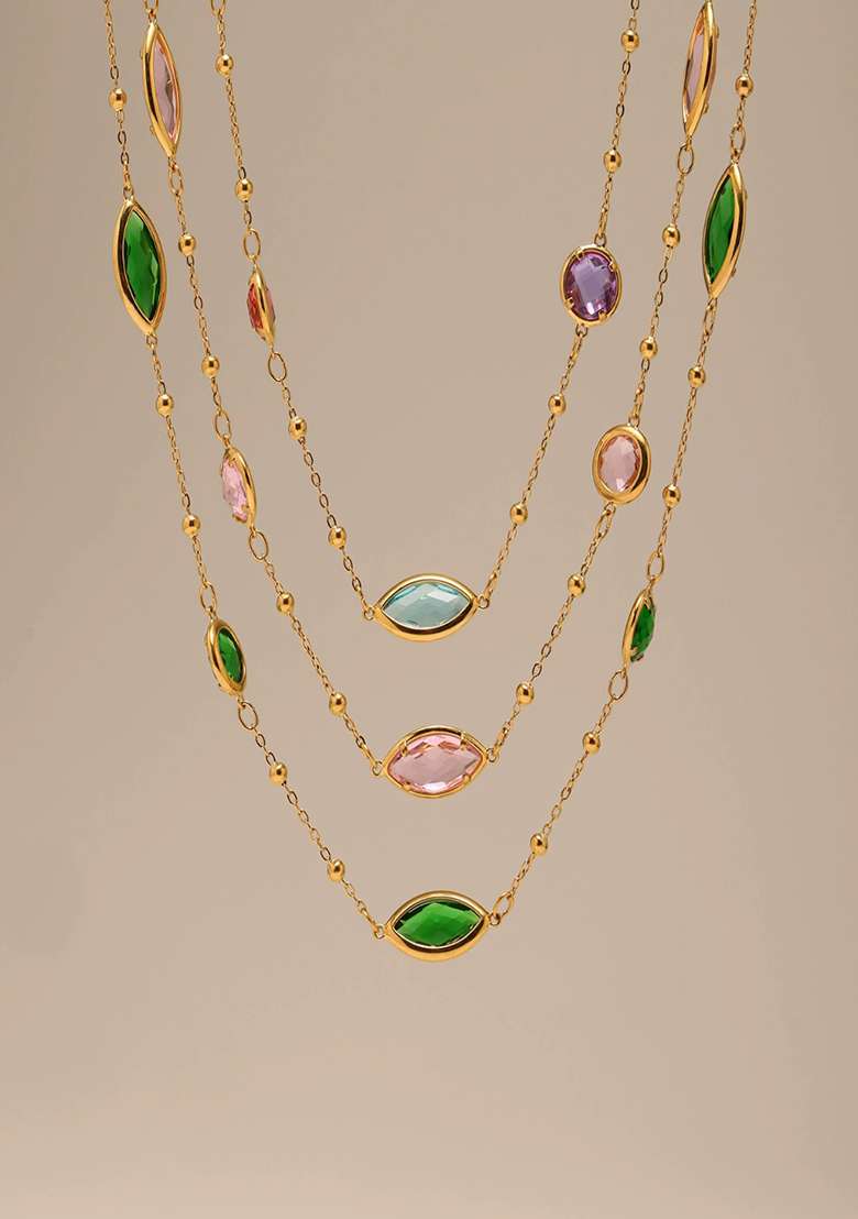 18K Gold Plated Anti Tarnish White Glass Stone Chain Necklace - Indya