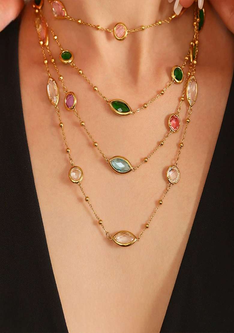 18K Gold Plated Anti Tarnish White Glass Stone Chain Necklace - Indya