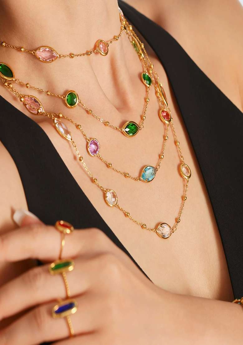 18K Gold Plated Anti Tarnish White Glass Stone Chain Necklace - Indya