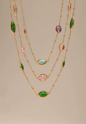 18K Gold Plated Anti Tarnish Green Glass Stone Chain Necklace