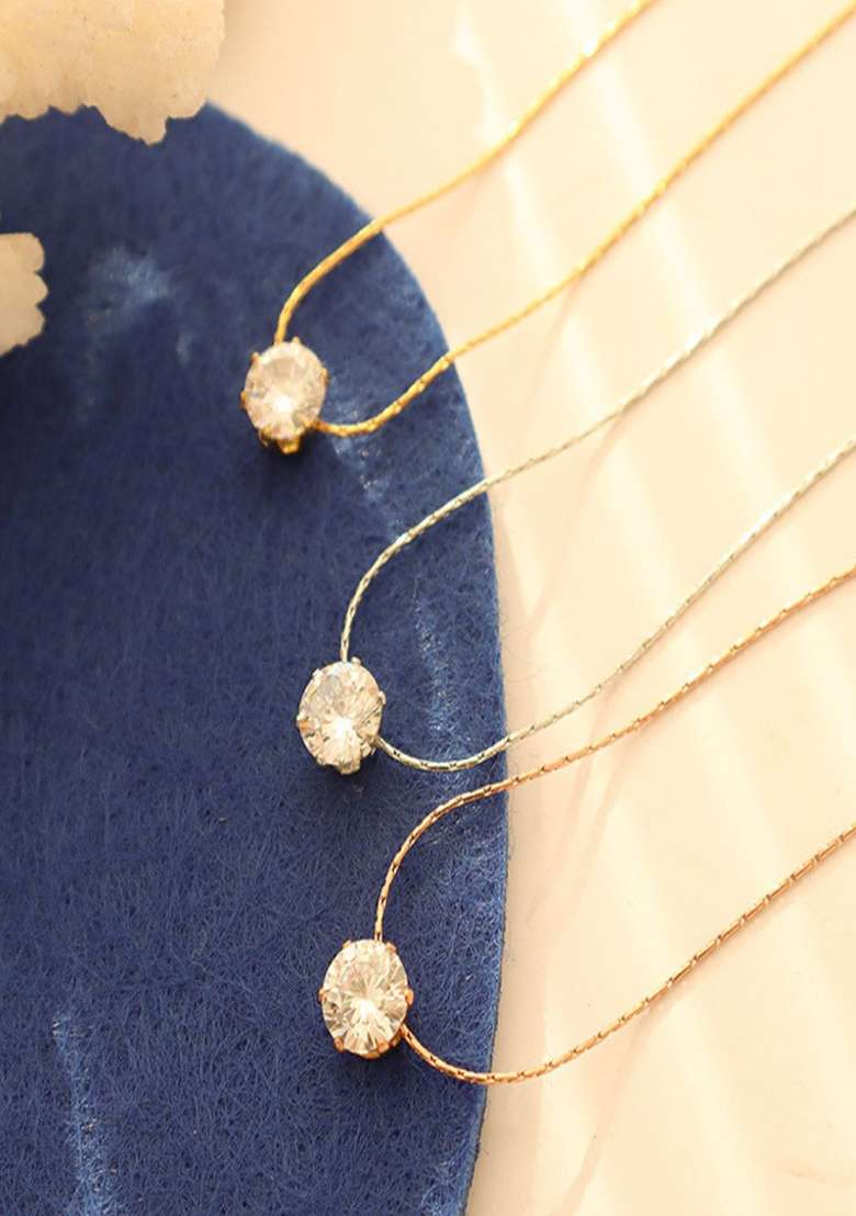 18K Silver Plated Anti Tarnish Single Zircon Thin Chain Necklace - Indya