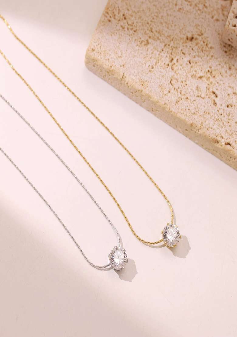 18K Silver Plated Anti Tarnish Single Zircon Thin Chain Necklace - Indya