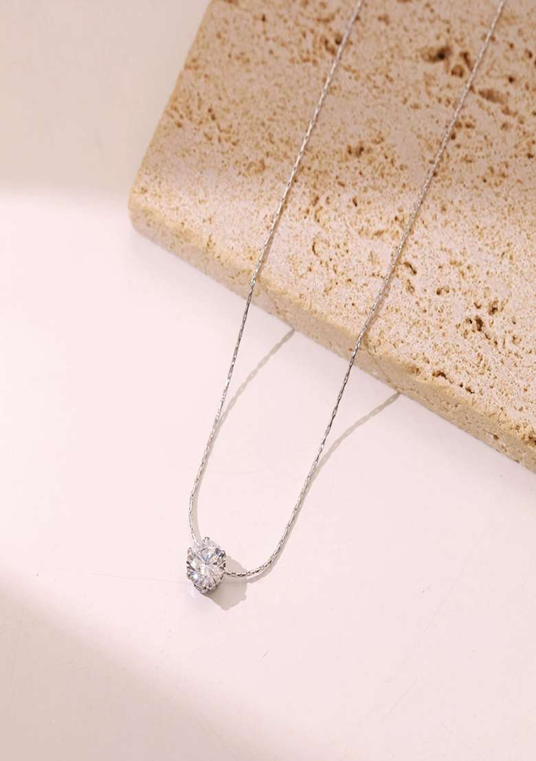 18K Silver Plated Anti Tarnish Single Zircon Thin Chain Necklace - Indya