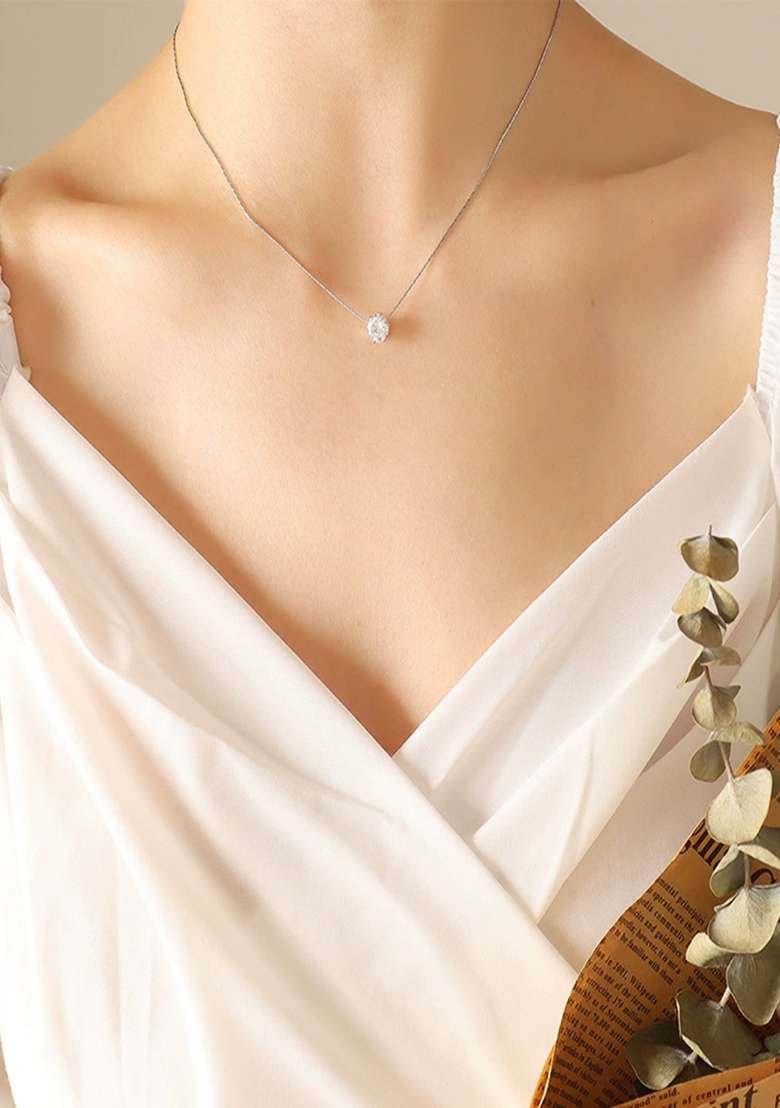 18K Silver Plated Anti Tarnish Single Zircon Thin Chain Necklace - Indya