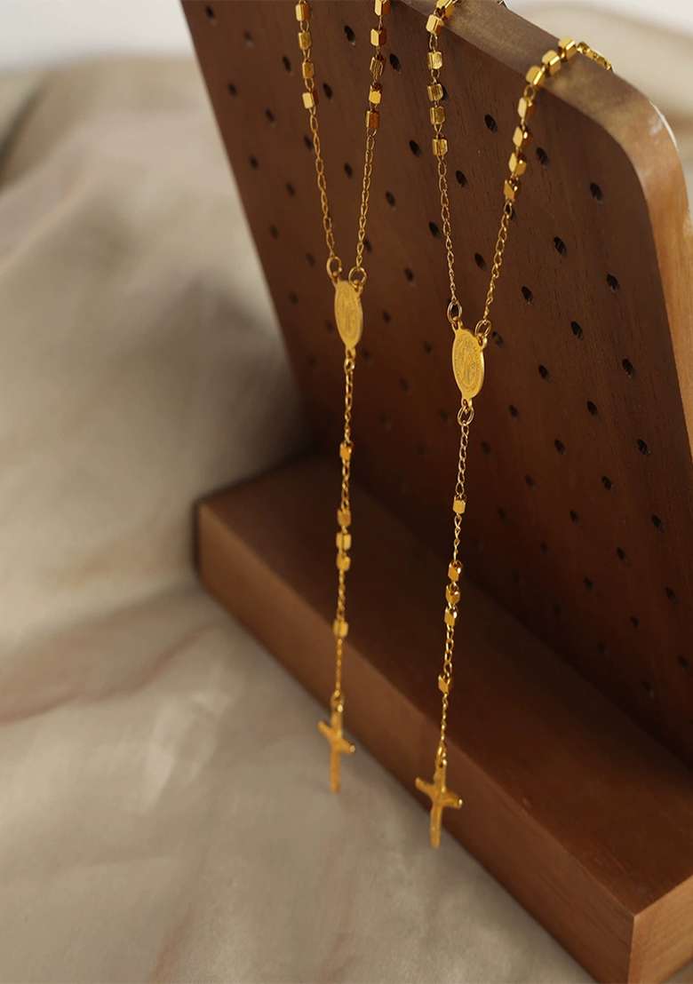 18K Gold Plated Waterproof Anti Tarnish Cross Lariat Chain Necklace - Indya