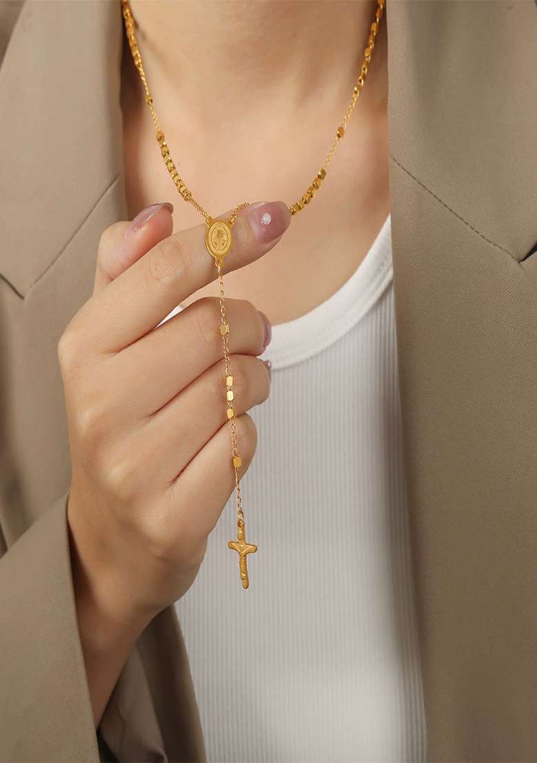 18K Gold Plated Waterproof Anti Tarnish Cross Lariat Chain Necklace - Indya