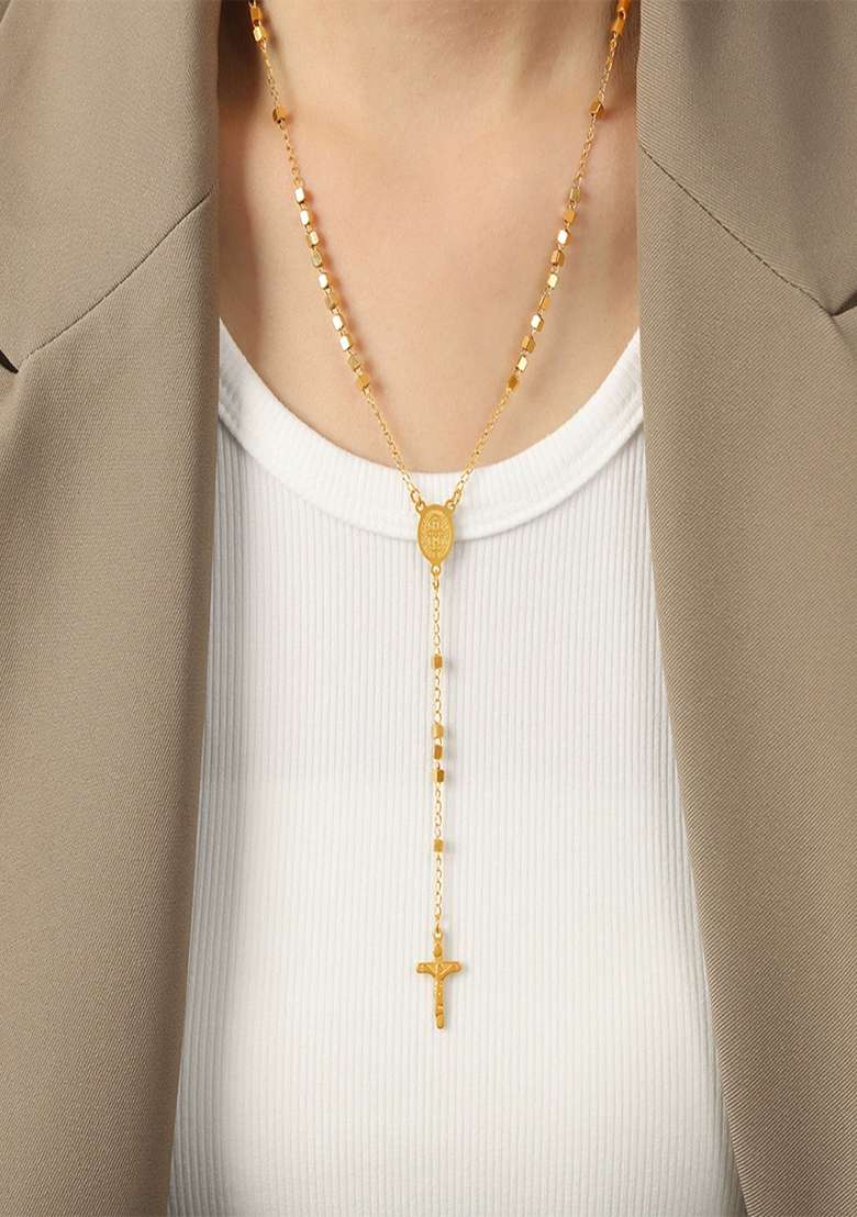 18K Gold Plated Waterproof Anti Tarnish Cross Lariat Chain Necklace - Indya