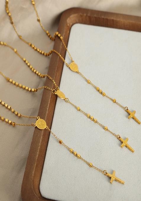 18K Gold Plated Waterproof Anti Tarnish Cross Lariat Chain Necklace