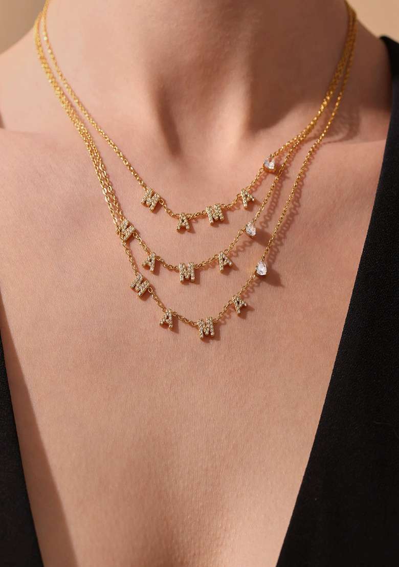 18K Gold Plated Anti Tarnish Mama Letters And Heart With Zircon Necklace - Indya